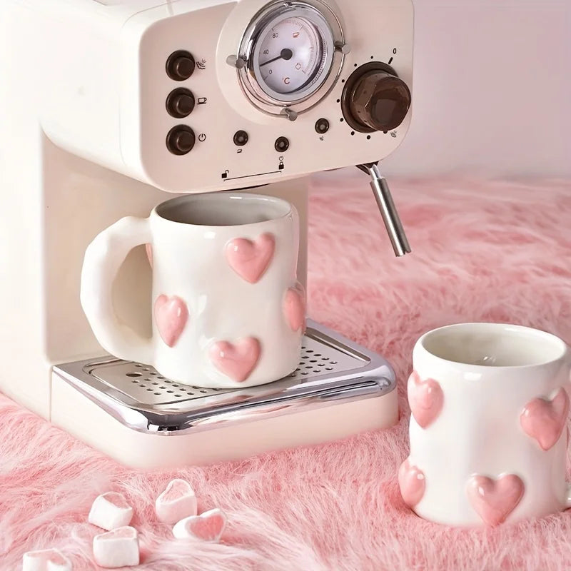 Hand-Painted Ceramic Mug with Pink Hearts – Cute Underglaze Coffee & Milk Cup, Perfect Valentine's Day Gift for Her