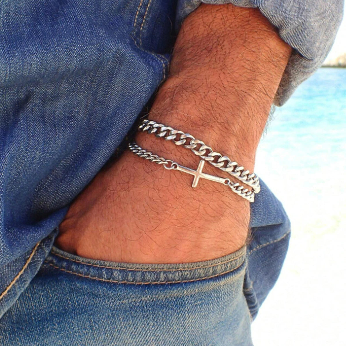Cross Cuban Snake Chain Bracelet Set for Men - Stainless Steel Hip Hop & Punk Style Jewelry