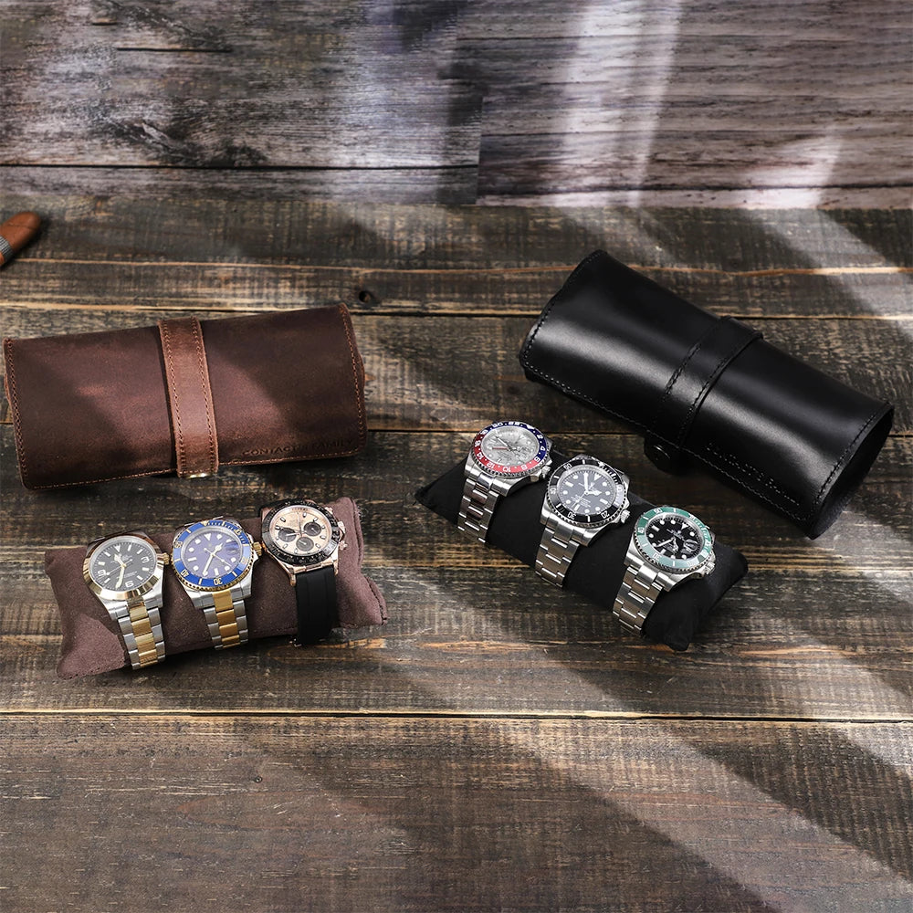 Handmade Leather Watch Roll Organizer - 3 Slots Travel Case for Men and Women