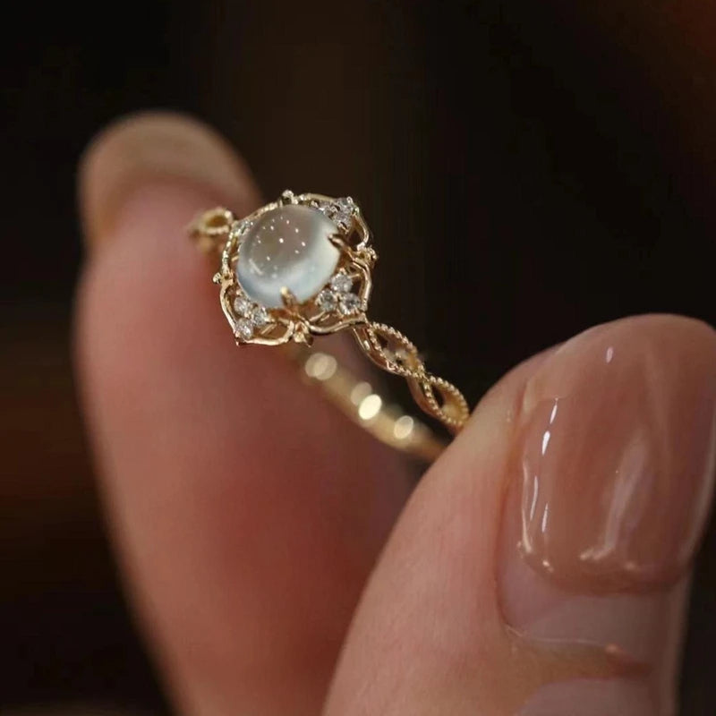 Gold Plated Natural Moonstone Cat’s Eye Ring – Luxury Geometric Design for Women