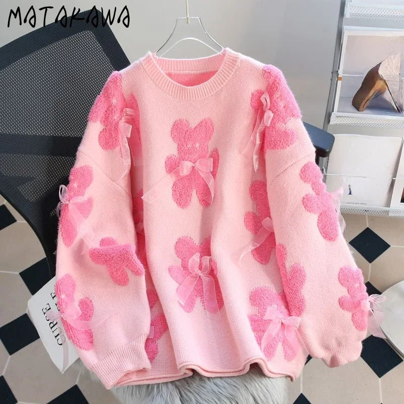 Matakawa Cartoon Pink Sweater – Women’s Kawaii Loose Fit Pullover for Autumn/Winter
