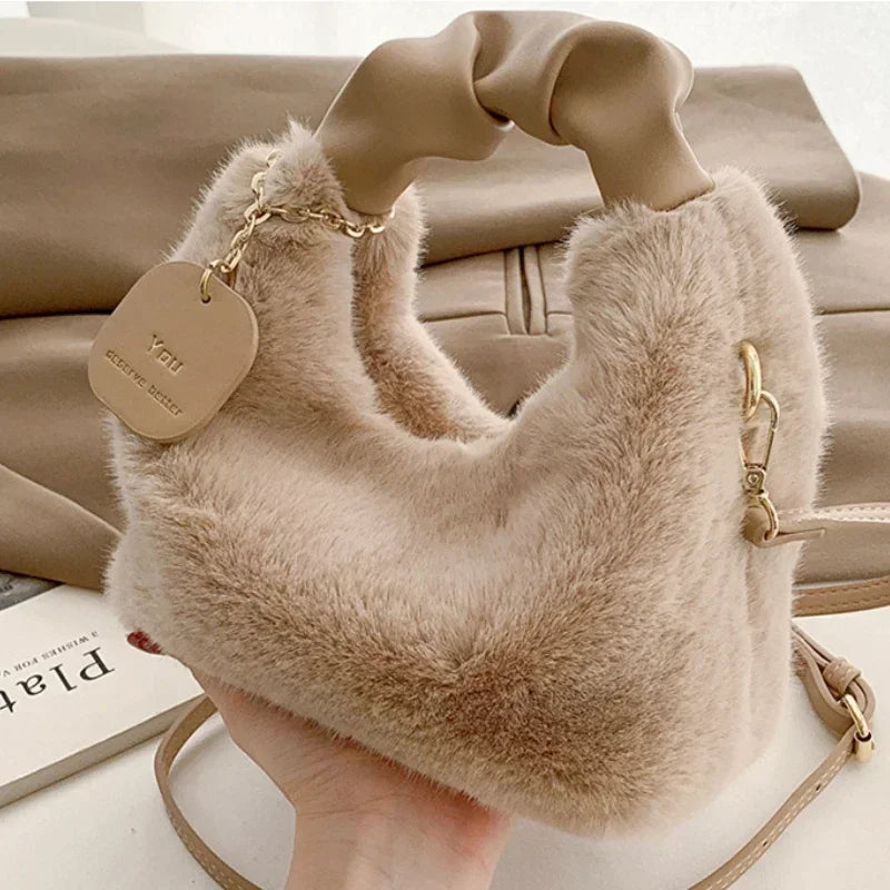 Women’s Faux Fur Plush Handbag – Ruched Handle Small Shoulder & Crossbody Tote for Winter