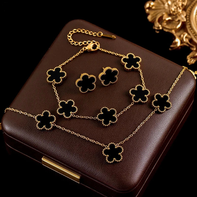 GANEMLY 316L Stainless Steel 4-Color Five-Leaf Clover Jewelry Set – Necklace, Bracelet, and Earrings for Women