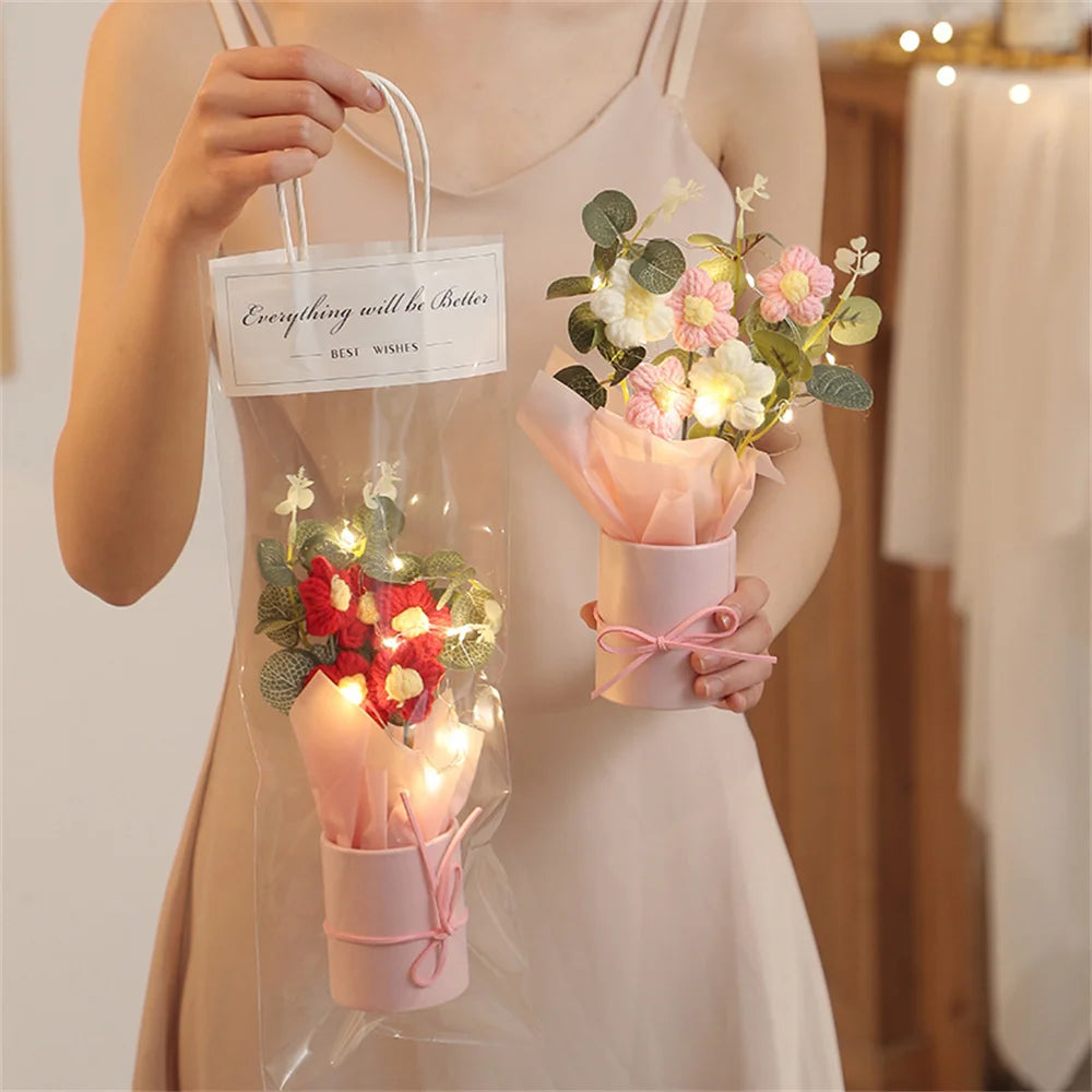 5PCS Knitted Flowers Puff Bucket Bouquet – Woolen Handcrafted Flowers for Valentine’s Day, Weddings, and Gifts