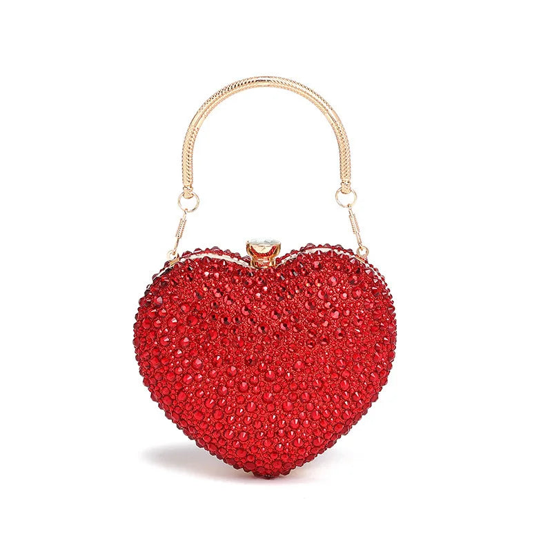 Luxury Heart-Shaped Crystal Clutch Purse – Rhinestone Evening Wedding Party Mini Handbag with Chain Handle