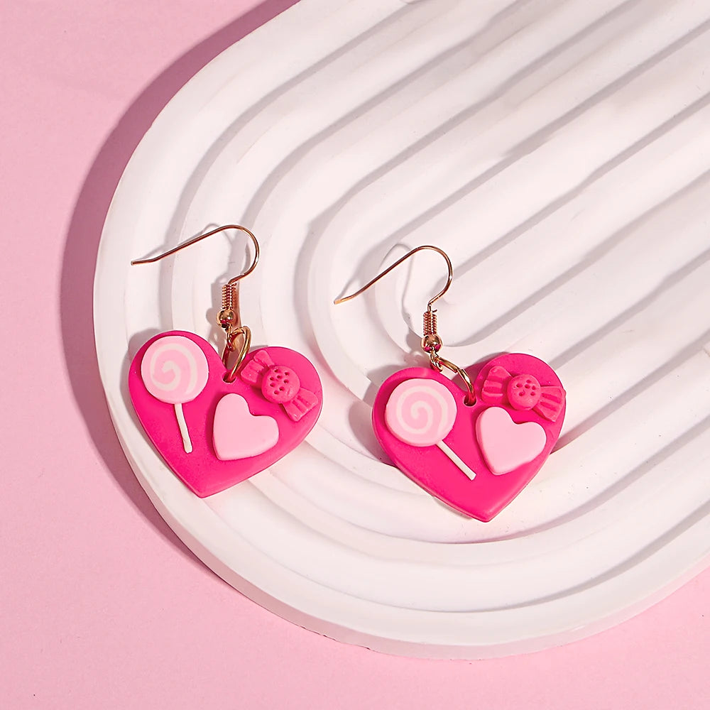 Polymer Clay Heart Earrings for Women – Handmade Valentine's Day Gift, Flower & Heart Drop Earrings