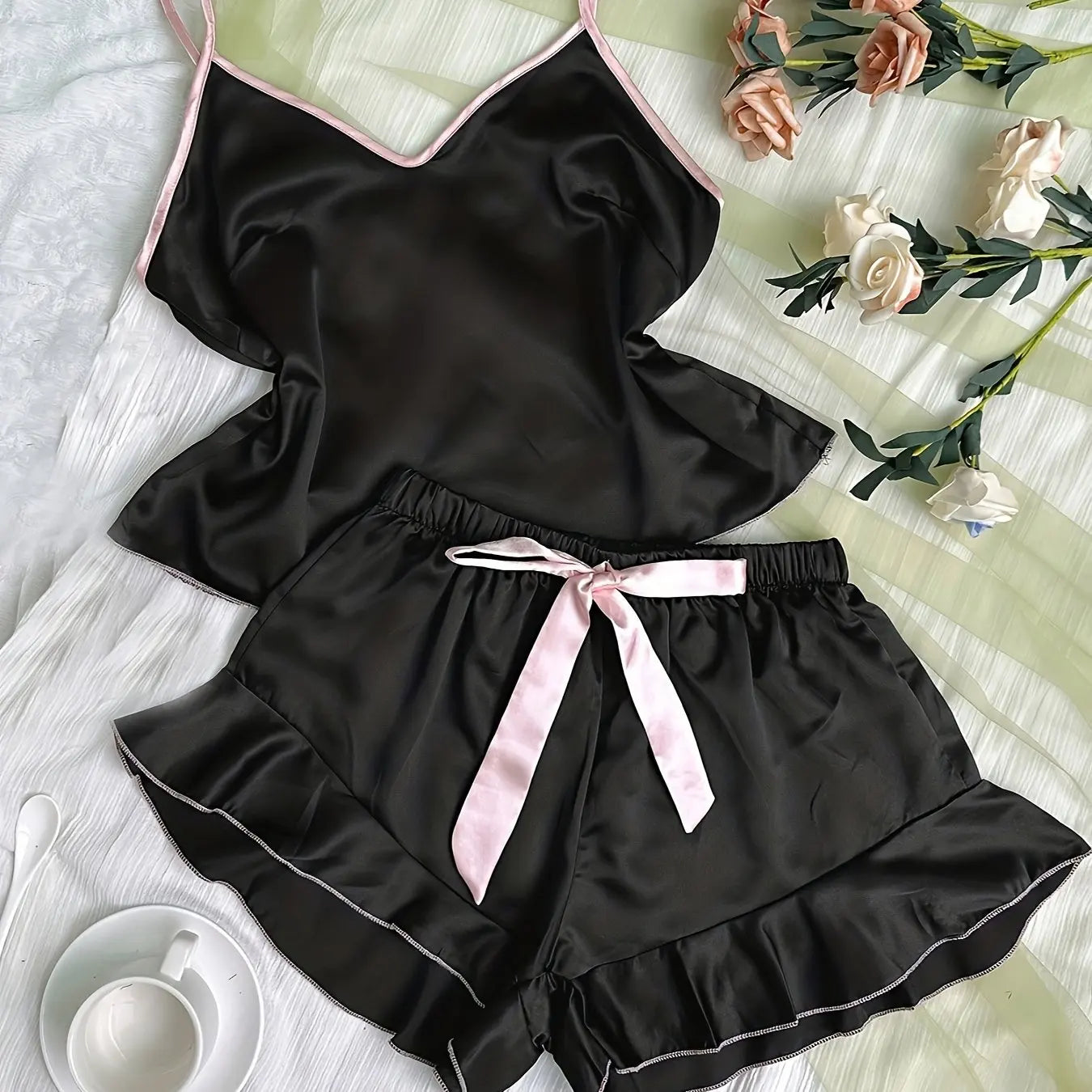 Luxurious Women’s Satin Pajama Set – V-Neck Ruffle Top & Bow Shorts