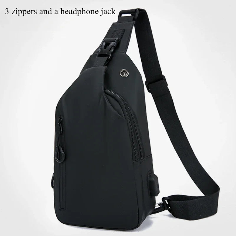 UrbanEdge Nylon Crossbody Bag – Stylish Men's Chest Bag with USB Charging, Solid Color, Versatile for Outdoor and Casual Us