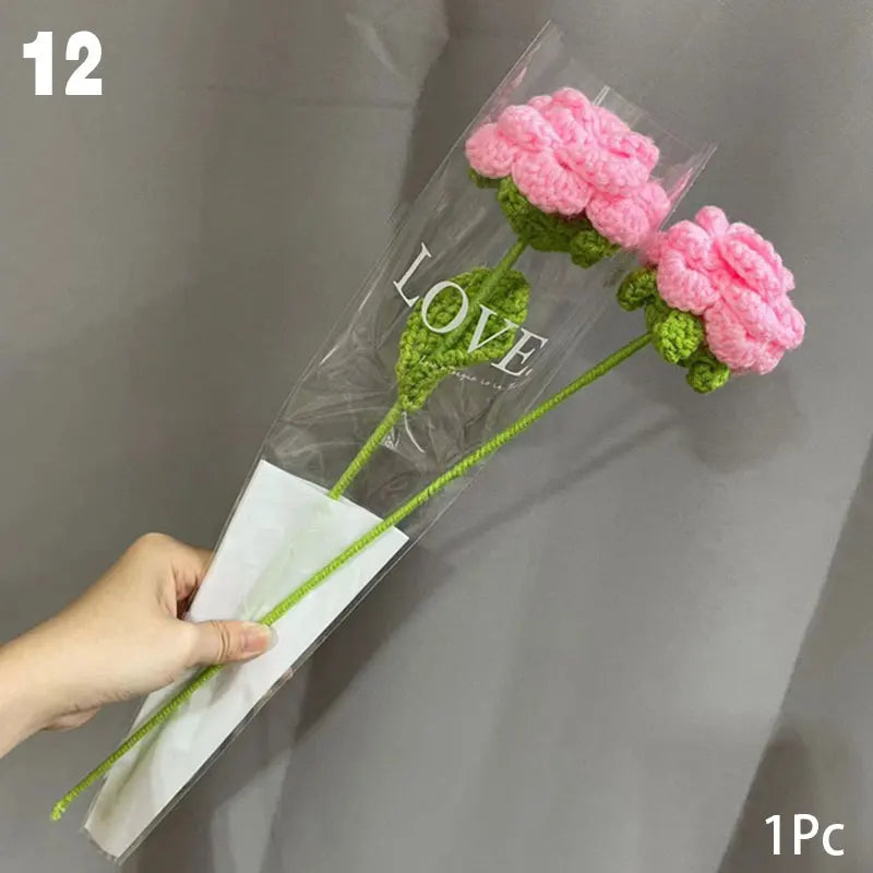 DIY Knitting Bouquet Rose Tulip Flower Bouquet Sunflower Hand-knitted Fake Flowers Knit Flower Home Table Crochet Floral Bouquet