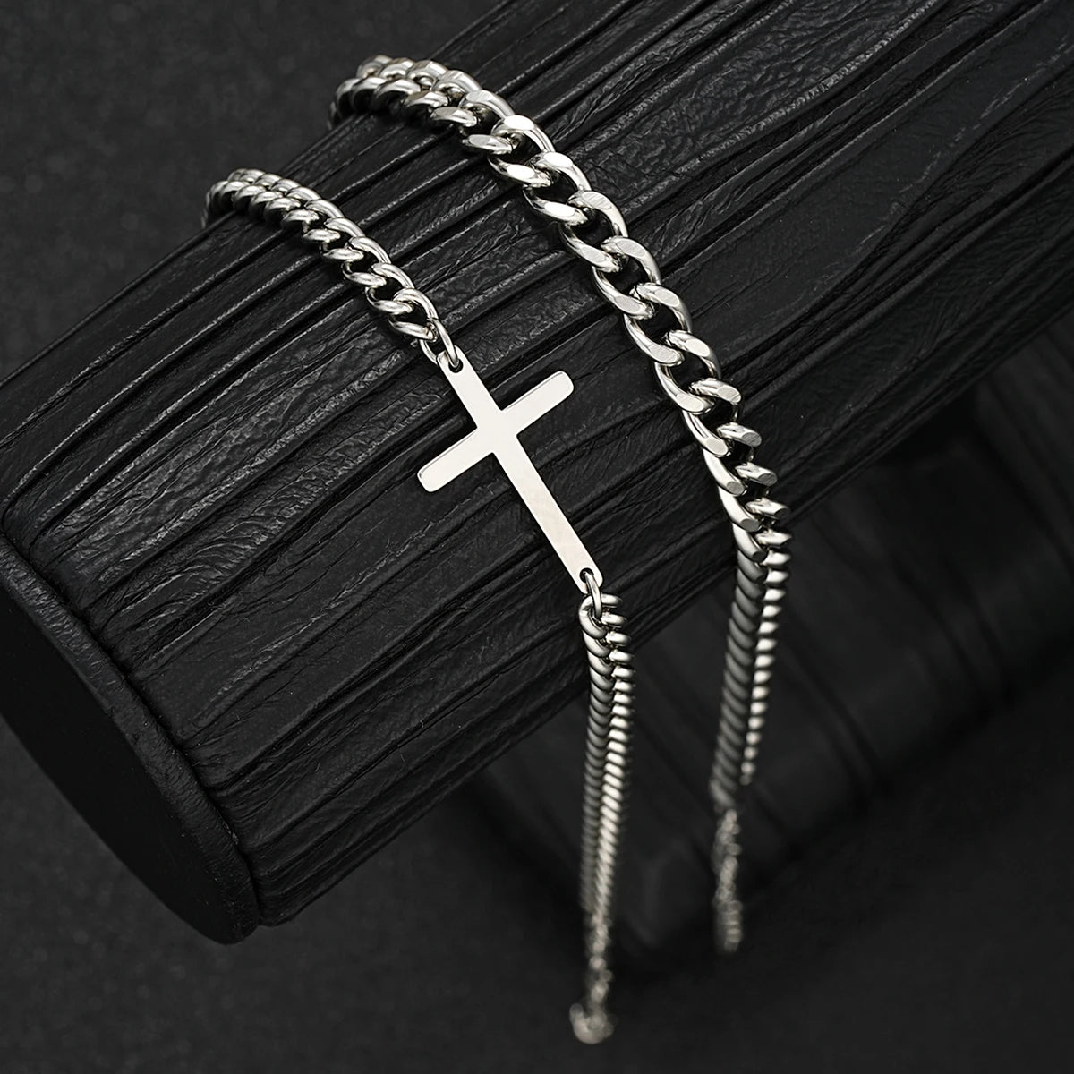 Cross Cuban Snake Chain Bracelet Set for Men - Stainless Steel Hip Hop & Punk Style Jewelry