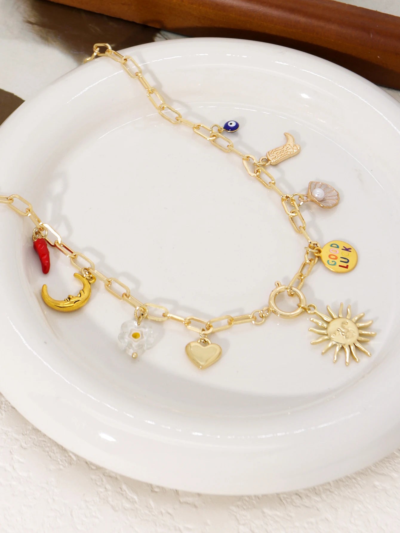 Evil Eye Charms Necklace – Gold Heart Pendant with Boho Sun, Moon, and Chili Accents for Women’s Party Jewelry