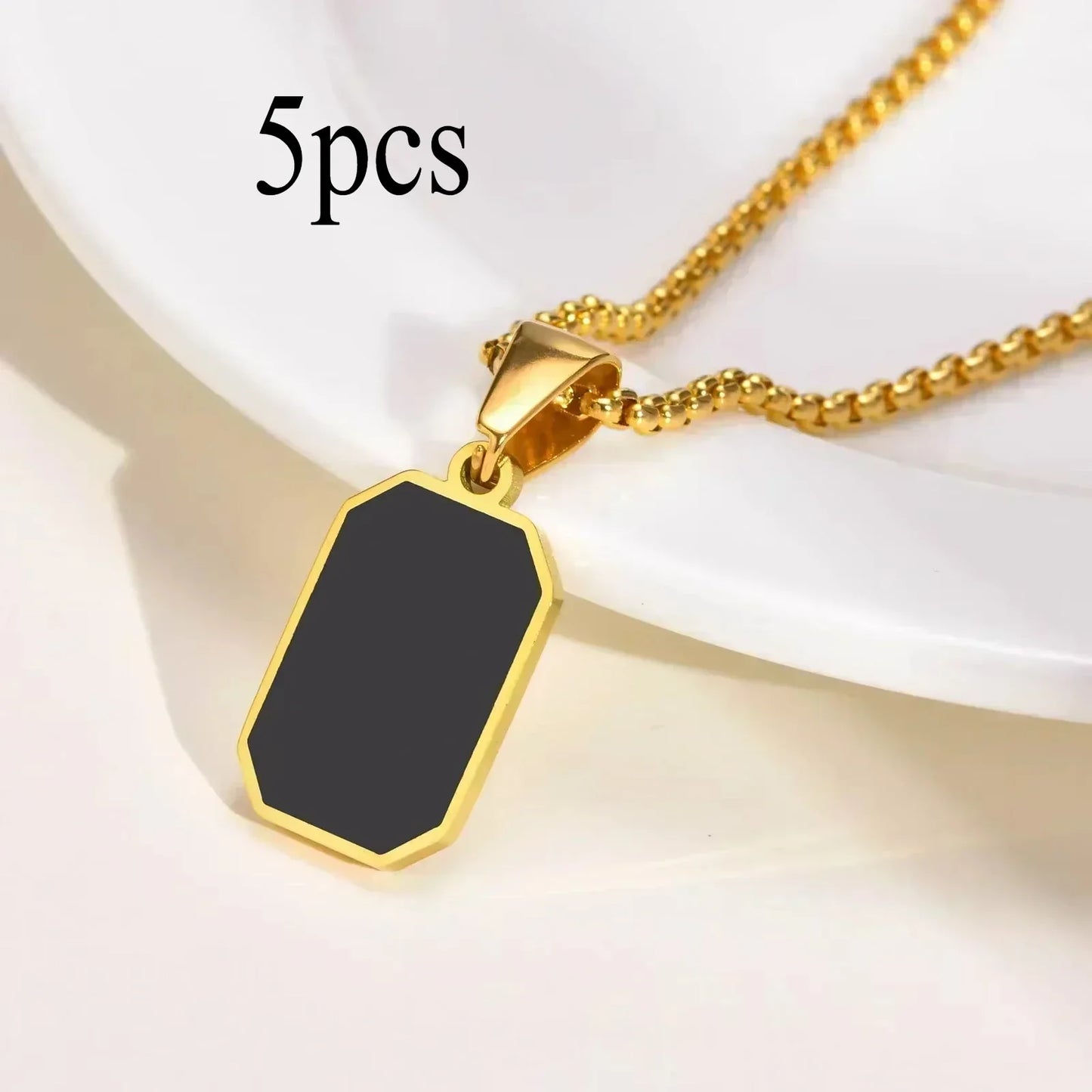 Gold Geometric Square Necklace for Men – Black Enamel Rectangle Pendant Stainless Steel Chain