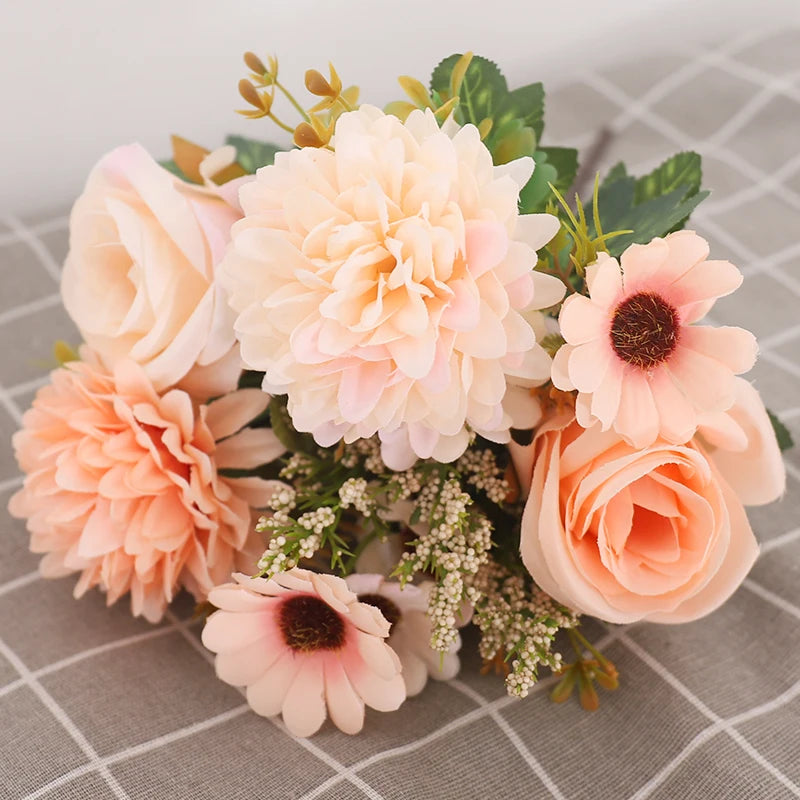 Artificial Autumn Roses & Silk Hydrangea Daisies – Home Table Bouquet for Weddings, Christmas, and Everyday Decor