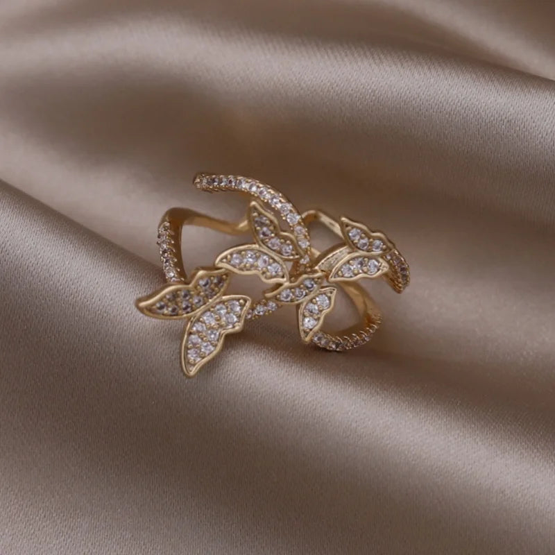 Gold plated simple double love crystal ring elegant women's daily opening ring accessories