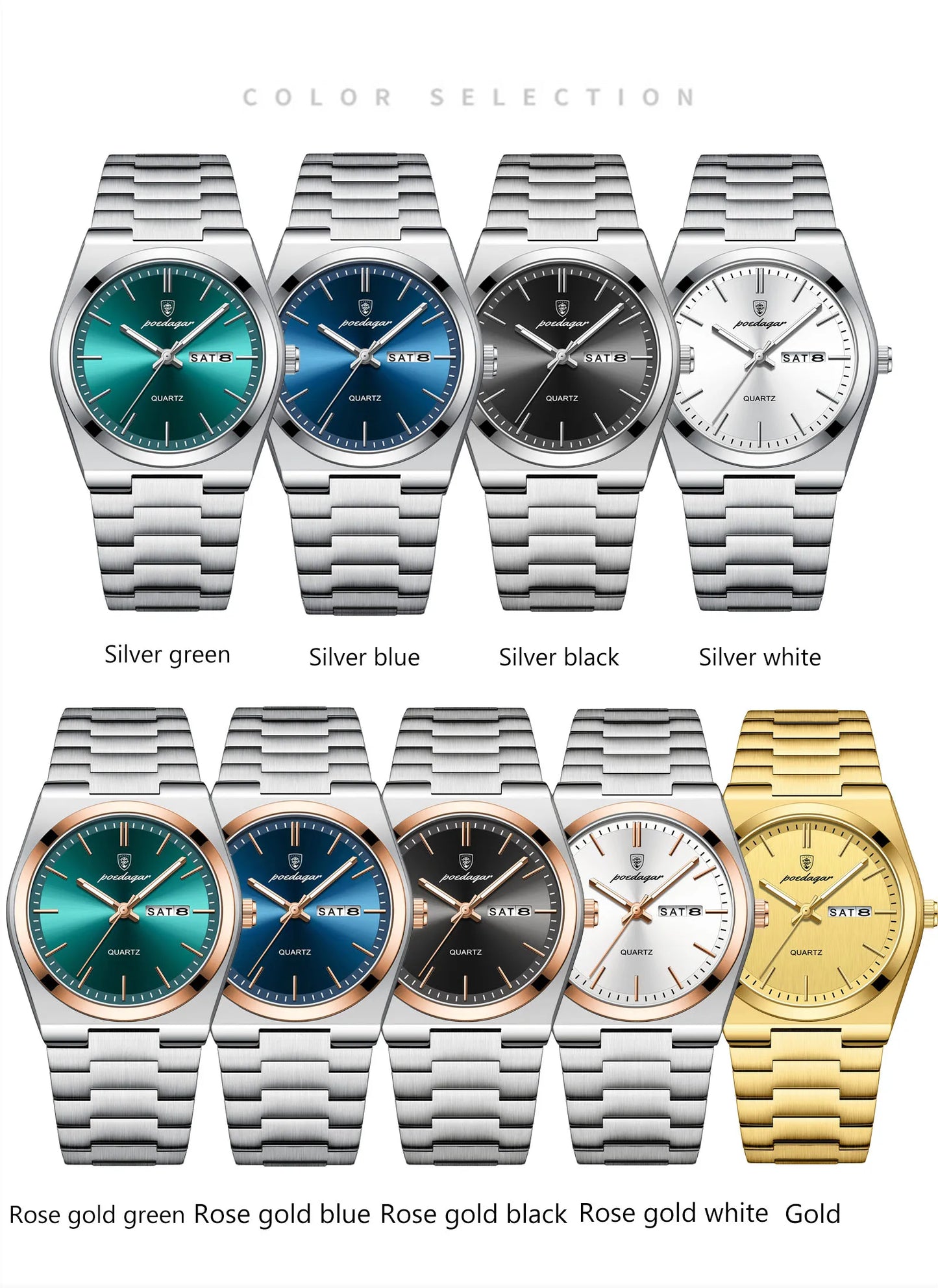 POEDAGAR Luxury Quartz Wristwatch for Men – Waterproof Stainless Steel Sport Watch with Luminous Hands, Date & Week Display, Gift Box Included