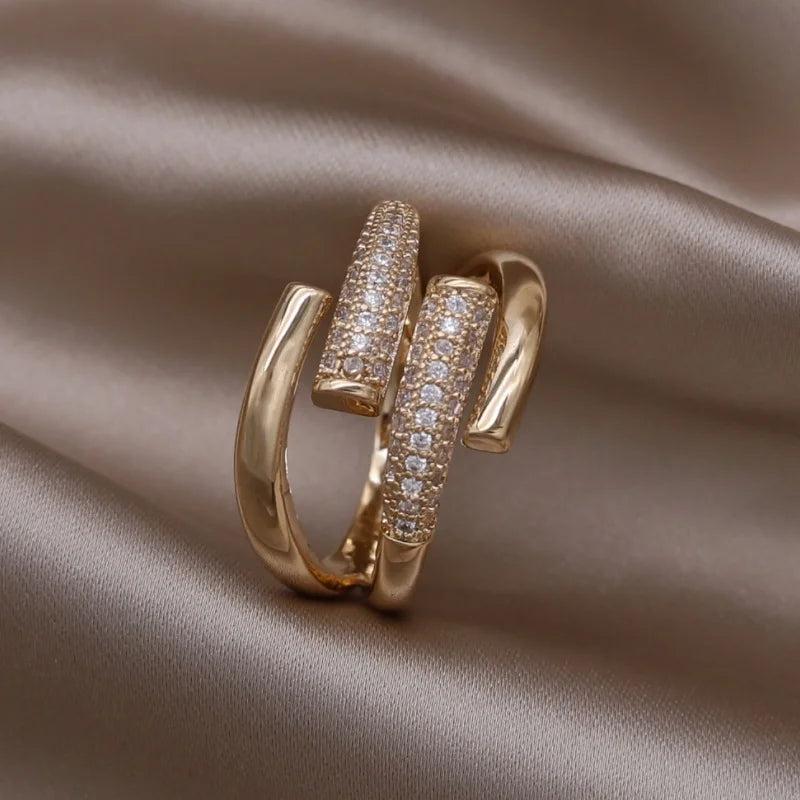 Gold plated simple double love crystal ring elegant women's daily opening ring accessories