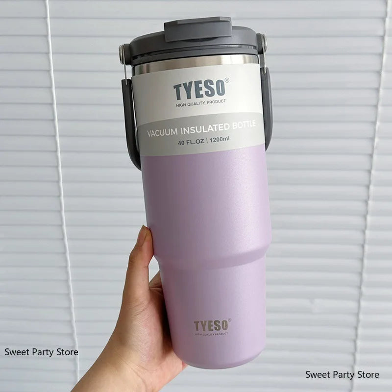 600ml–1200ml Stainless Steel Insulated Thermos Bottle – Leak-Proof Travel Mug with Handle and Straw for Hot and Cold Beverages