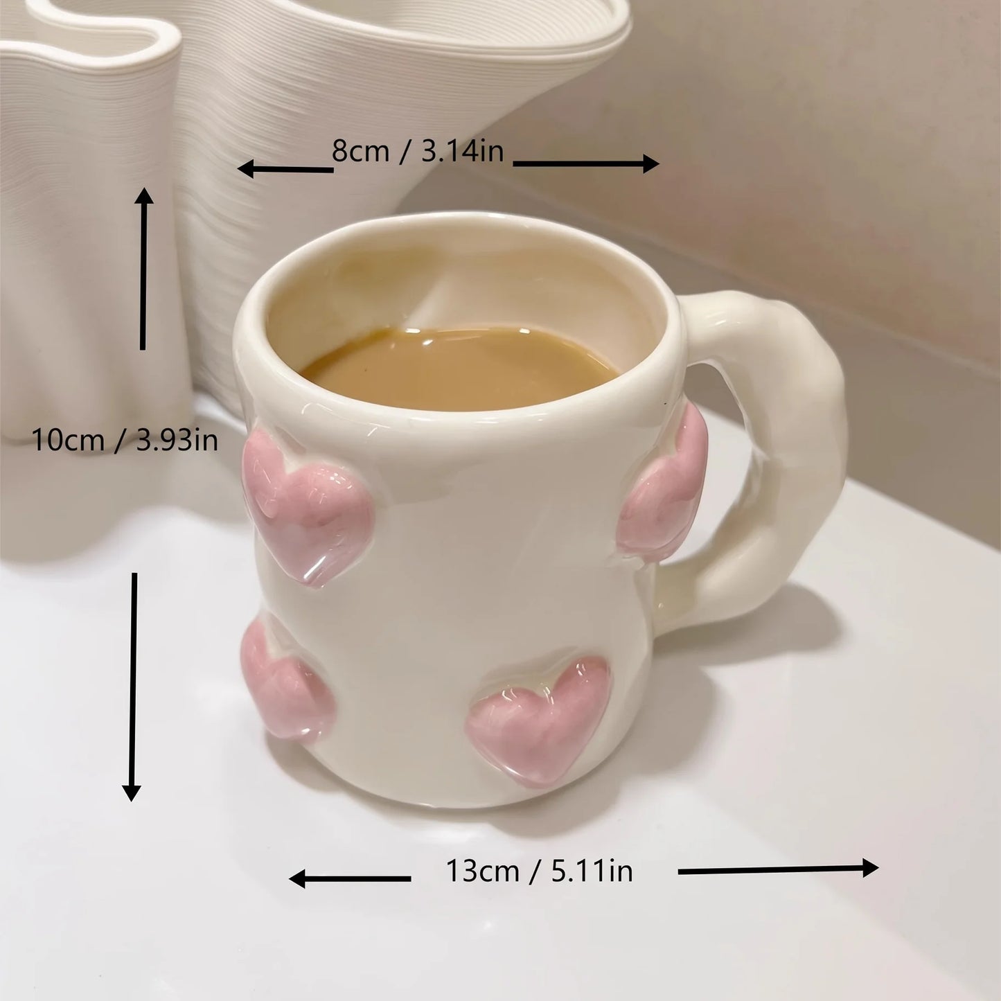 Hand-Painted Ceramic Mug with Pink Hearts – Cute Underglaze Coffee & Milk Cup, Perfect Valentine's Day Gift for Her