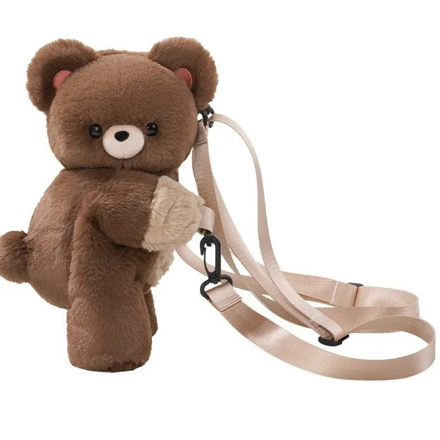 Cute Little Brown Bear Shoulder Bag – Plush Cartoon Doll Backpack for Girls