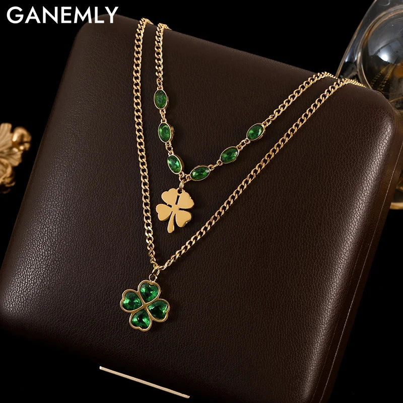 GANEMLY 316L Stainless Steel Clover Pendant Necklace – Green Crystal 2-Layer Chain for Women’s Trendy Luxury Jewelry