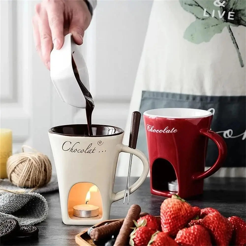 Personal Mini Fondue Mug Set – Ceramic Chocolate & Cheese Melting Cup with Forks, Ideal for Valentine's Day and Girls' Gifts