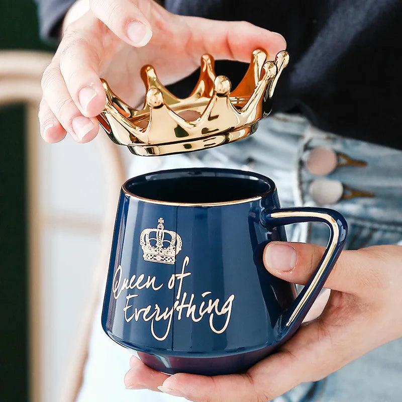 400ml Crown Ceramic Coffee Cup Fine Couple Mug with Lid Simple Afternoon Tea Coffee Cup Breakfast Milk Coffee Mug Birthday Gift