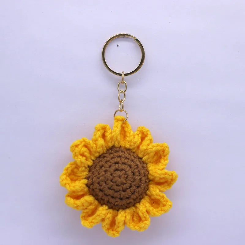 Handmade Knitted Sunflower Keychain – Cute Crocheted Flower Pendant for Women and Girls