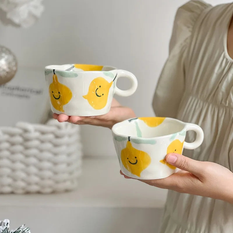 Cute Hand-Painted Ceramic Mugs – Strawberry, Flower, and Fruit Designs – 300ml Espresso & Coffee Cups for Kids and Girls