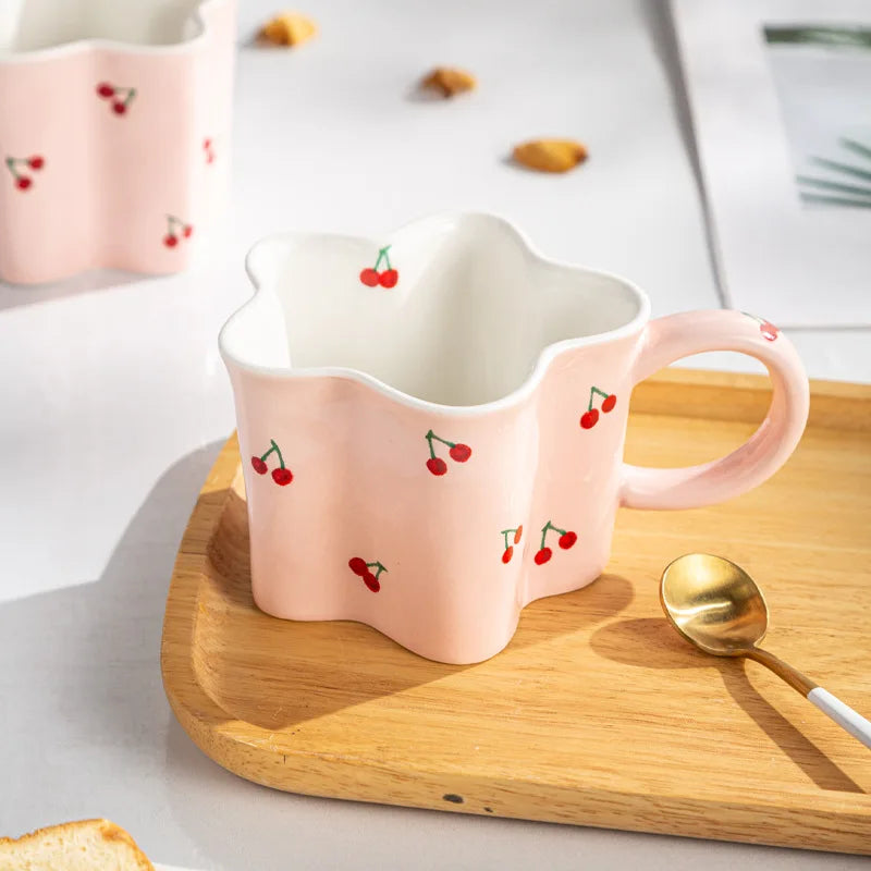 Flower Shape Ceramic Mug with Cartoon Cherry Print, Cute Milk Coffee Cup, Birthday Gift for Girls, Decorative Mug
