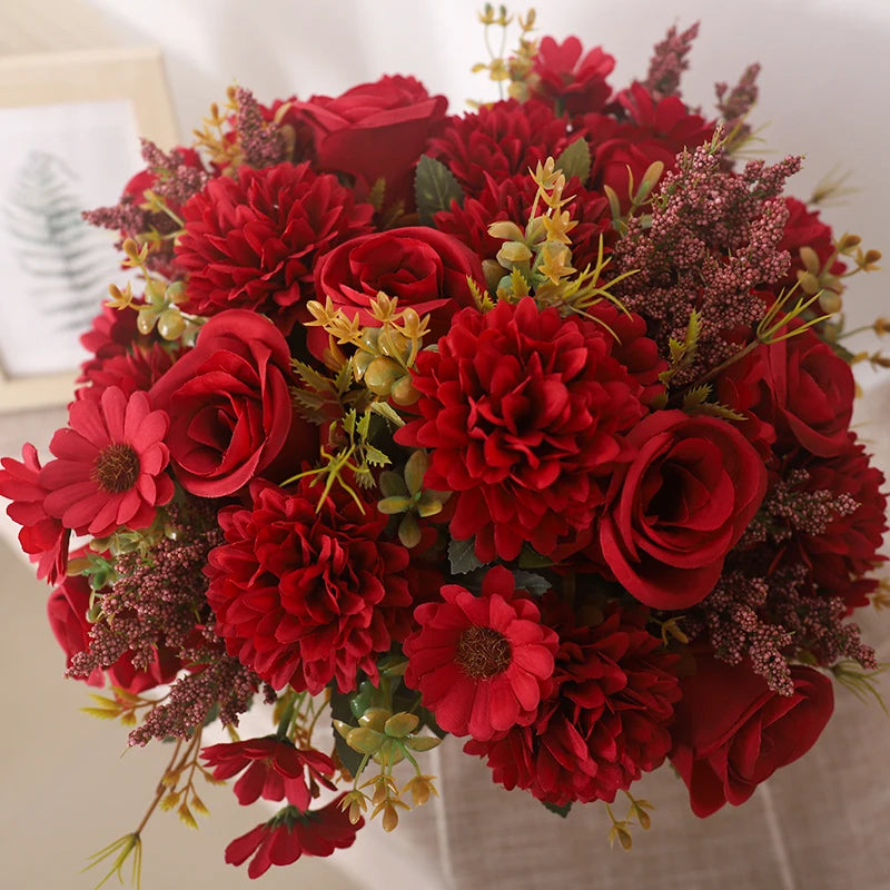 Artificial Autumn Roses & Silk Hydrangea Daisies – Home Table Bouquet for Weddings, Christmas, and Everyday Decor