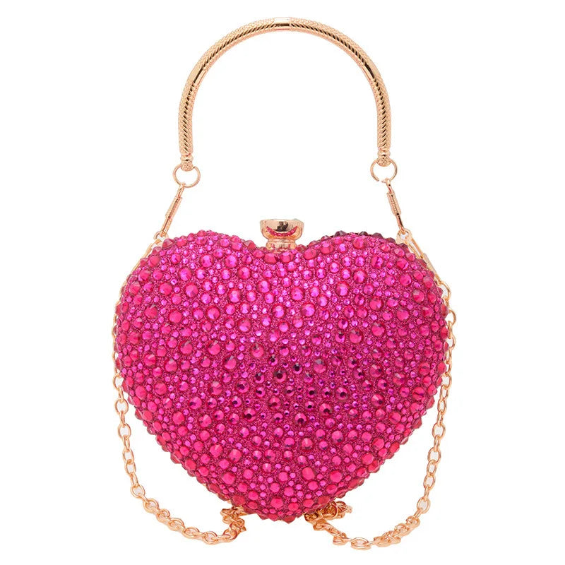 Luxury Heart-Shaped Crystal Clutch Purse – Rhinestone Evening Wedding Party Mini Handbag with Chain Handle