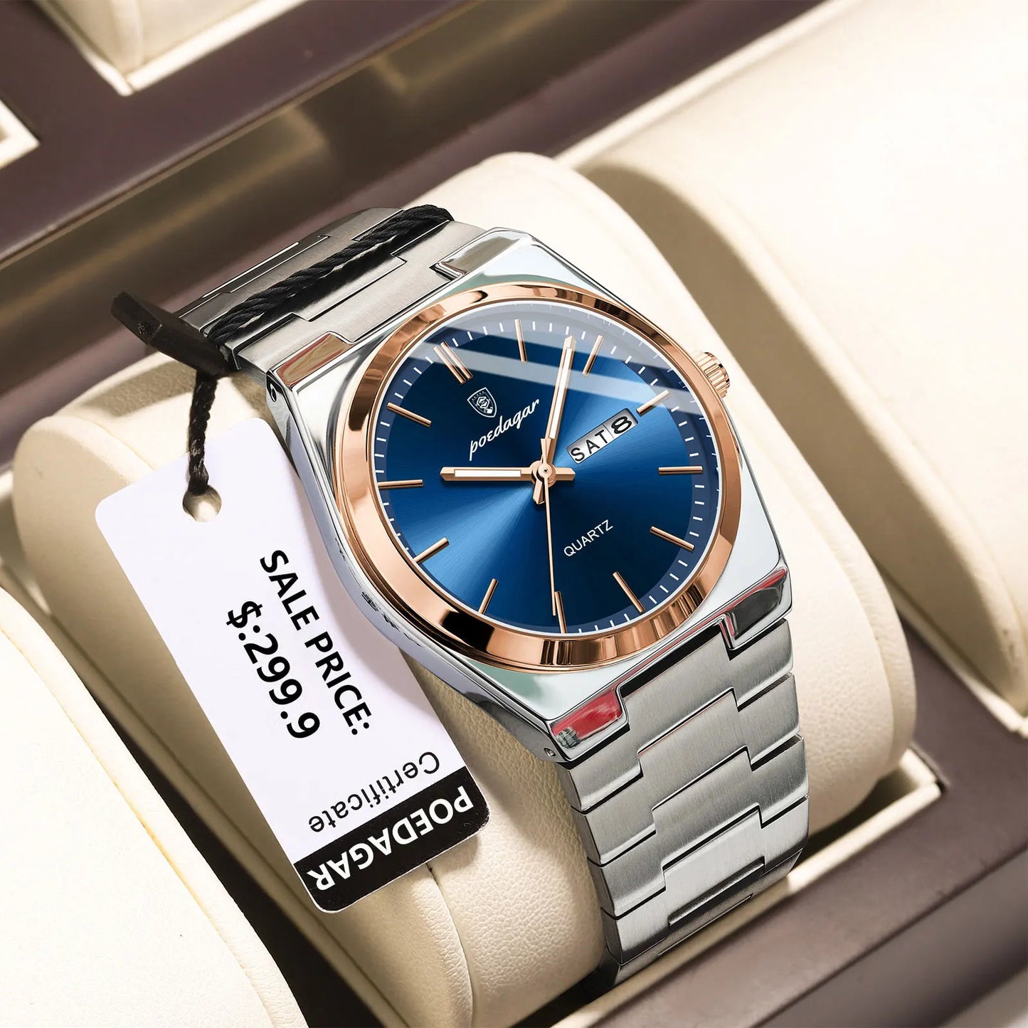 POEDAGAR Luxury Quartz Wristwatch for Men – Waterproof Stainless Steel Sport Watch with Luminous Hands, Date & Week Display, Gift Box Included