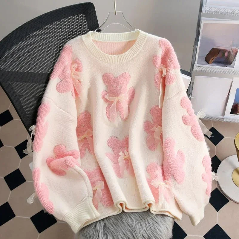Matakawa Cartoon Pink Sweater – Women’s Kawaii Loose Fit Pullover for Autumn/Winter