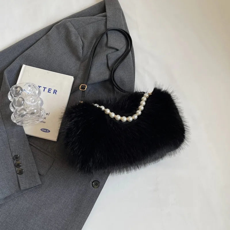 Winter Plush Pearl Chain Handbag – Western-Style Soft Shoulder & Crossbody Bag