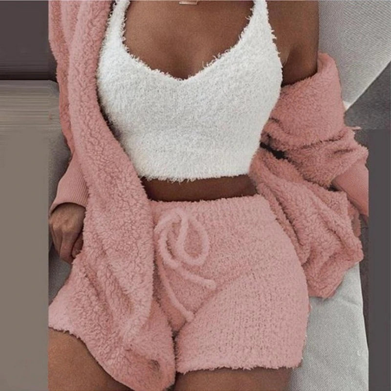 Fluffy Pajamas Set for Women – 3-Piece Winter Lounge Set with Tank Top, Shorts, and Hoodie