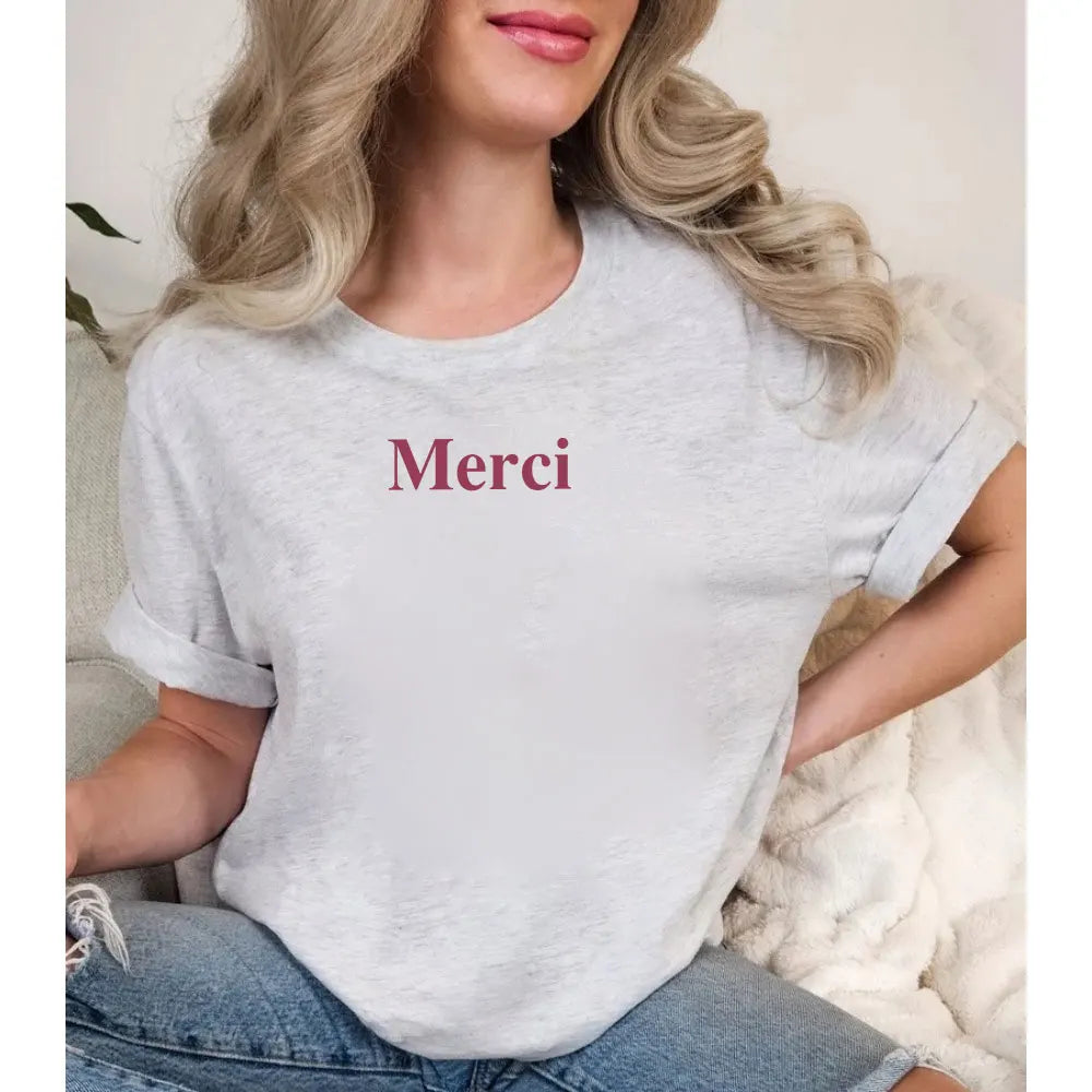Merci Letter Print Cotton T-Shirt – Women’s Loose Casual Elegant Summer Tee