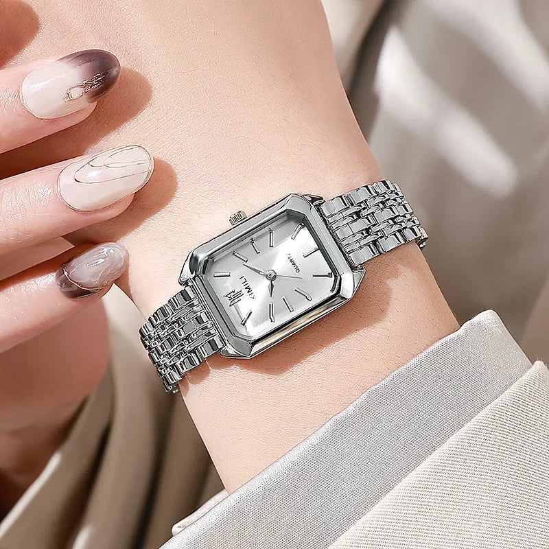 Stainless Steel Luxury Square Quartz Wristwatch – Women’s Fashion Watch for Students and Casual Wear