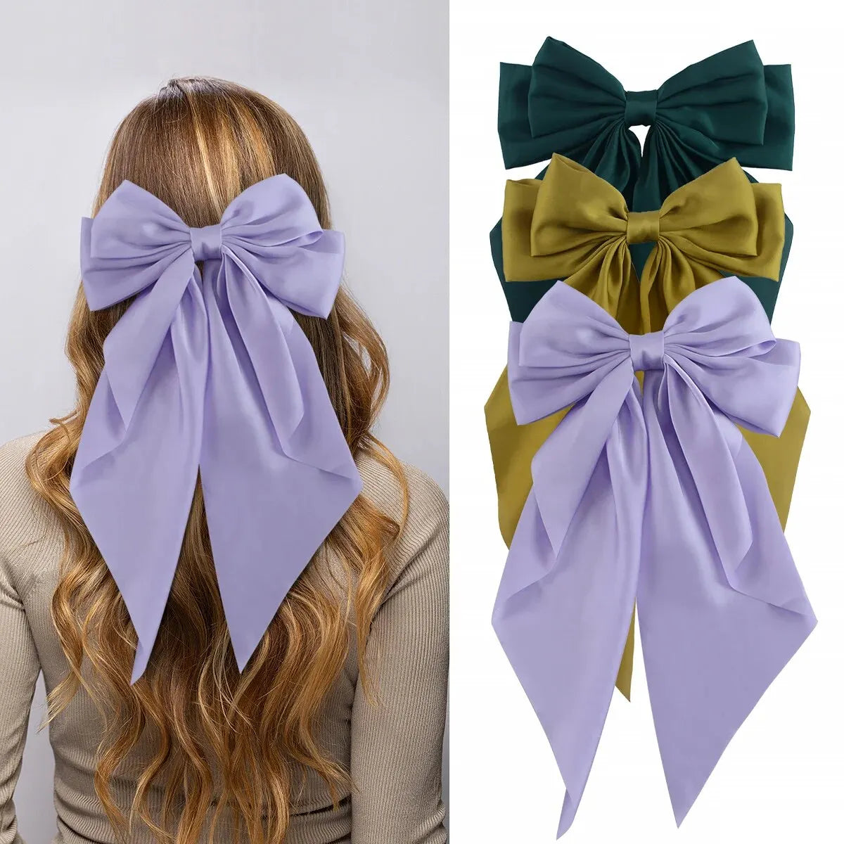 3Pcs Large Satin Ribbon Bow Hair Clips – Elegant Solid Color Hair Accessories for Women
