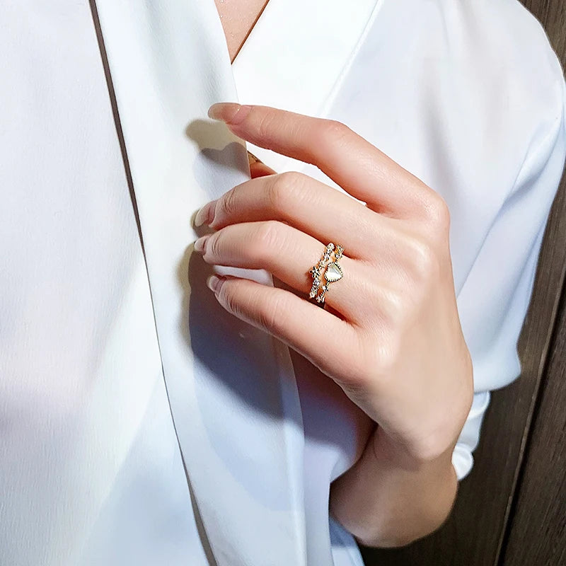Gold plated simple double love crystal ring elegant women's daily opening ring accessories