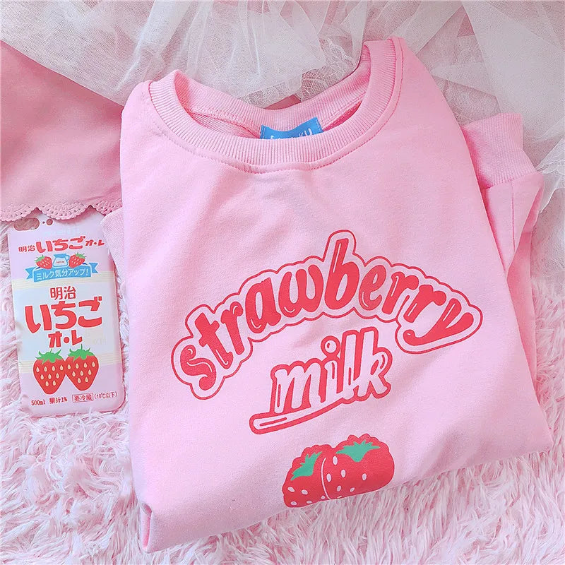 Kawaii Strawberry Pink Sweatshirt – Fleece Women’s Hoodie