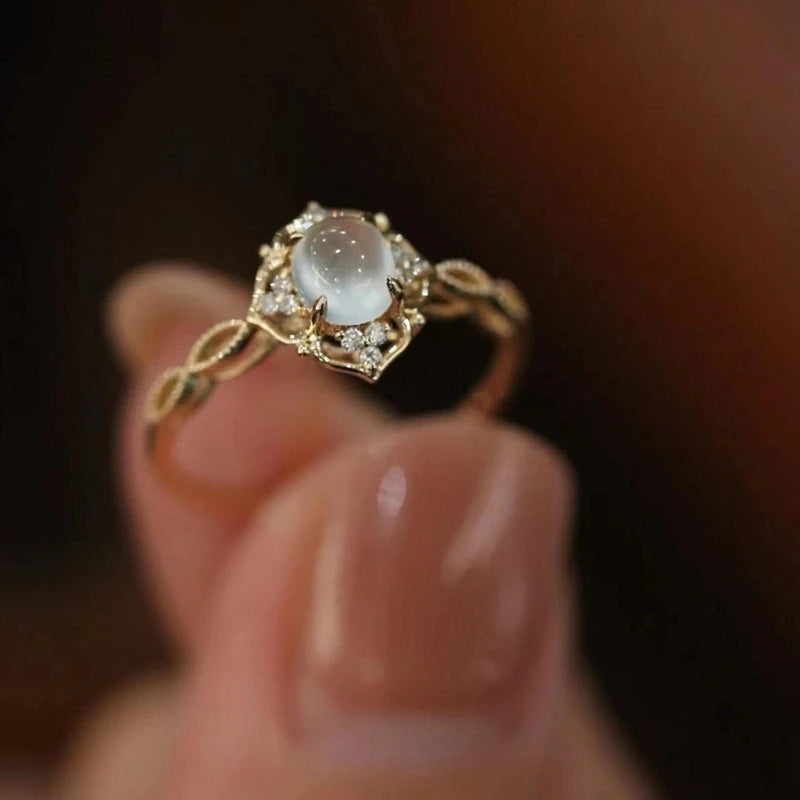 Gold Plated Natural Moonstone Cat’s Eye Ring – Luxury Geometric Design for Women