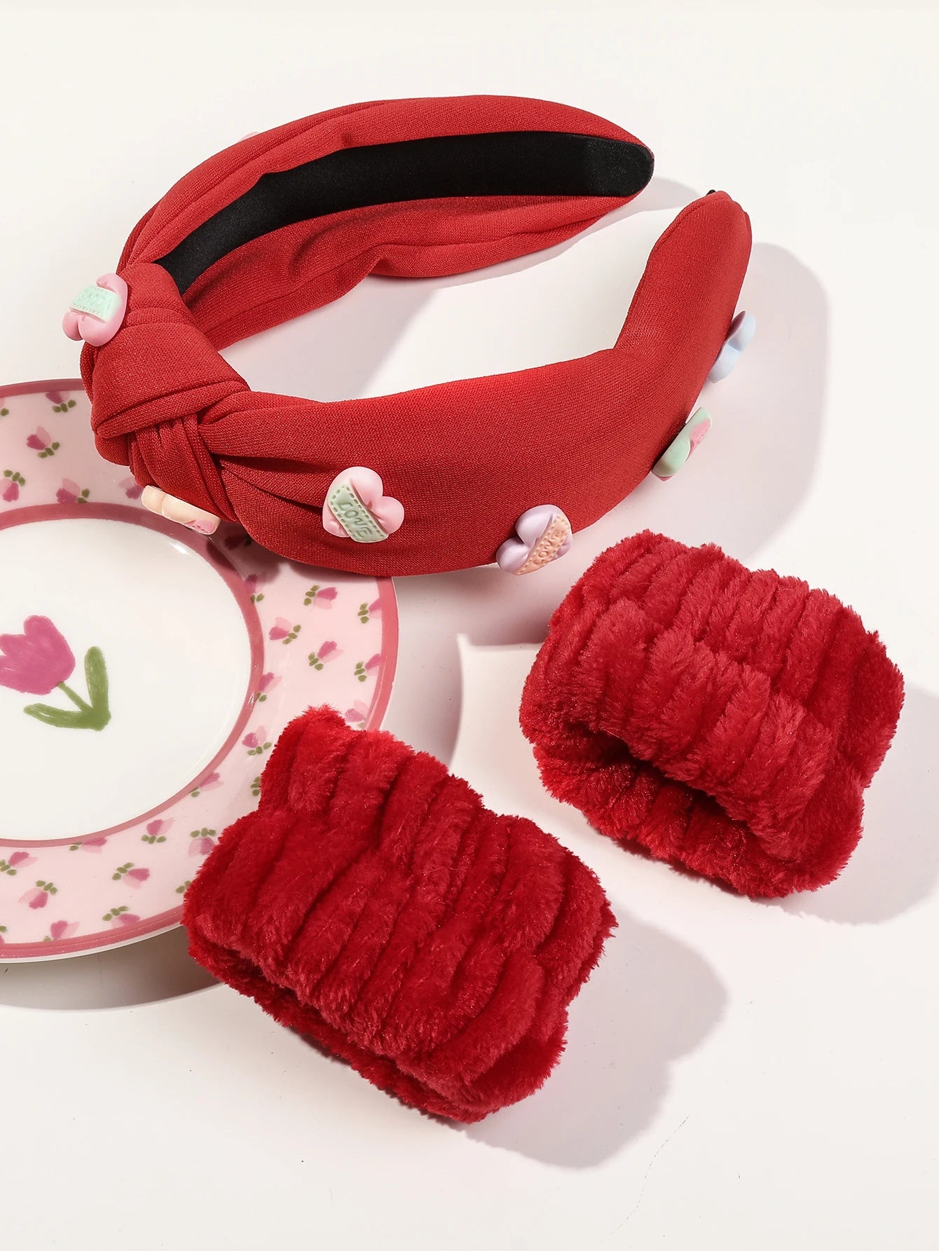 3-Pack Valentine’s Day Hairband Set – Red Spa Makeup Headbands and Face Washing Wristbands for Women