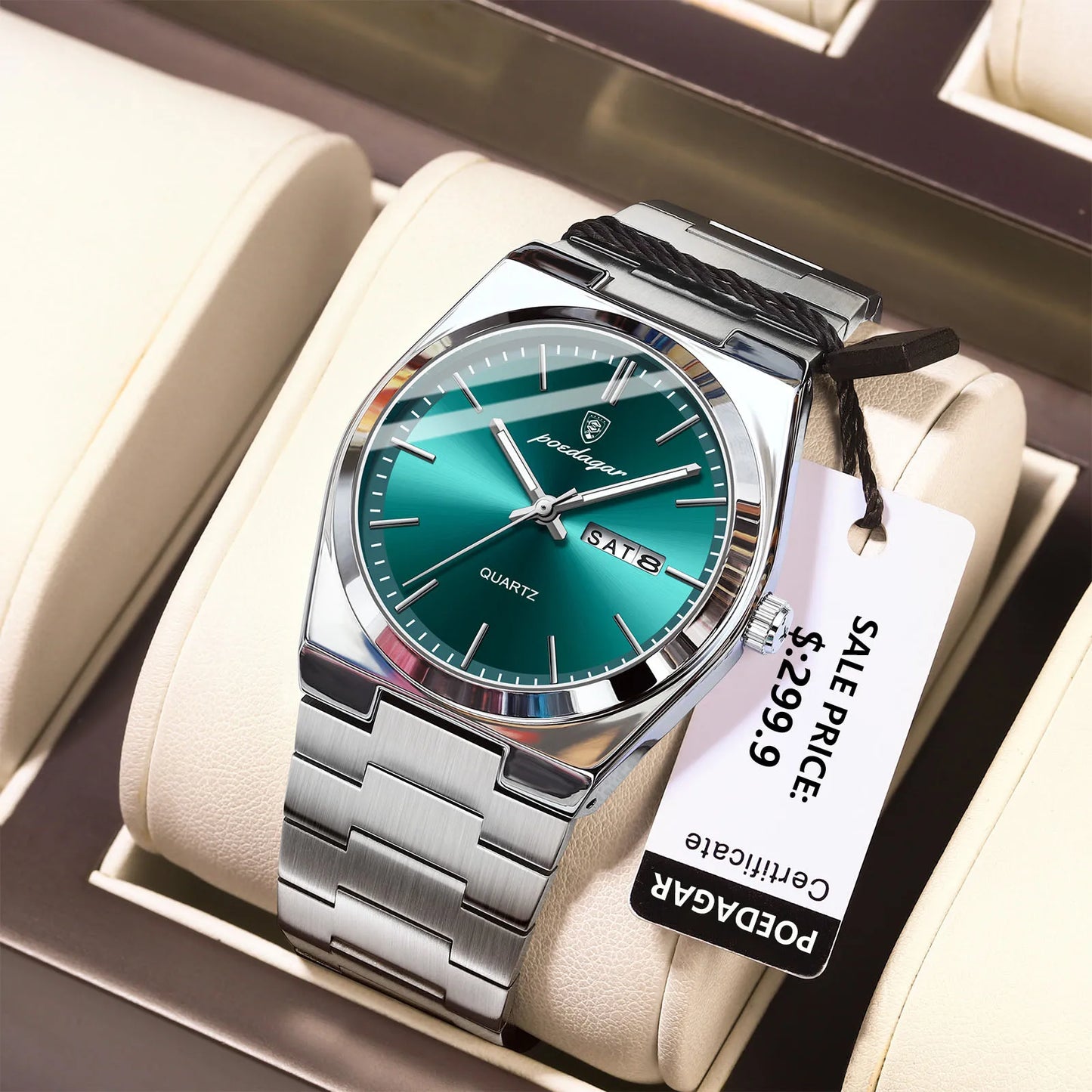 POEDAGAR Luxury Quartz Wristwatch for Men – Waterproof Stainless Steel Sport Watch with Luminous Hands, Date & Week Display, Gift Box Included
