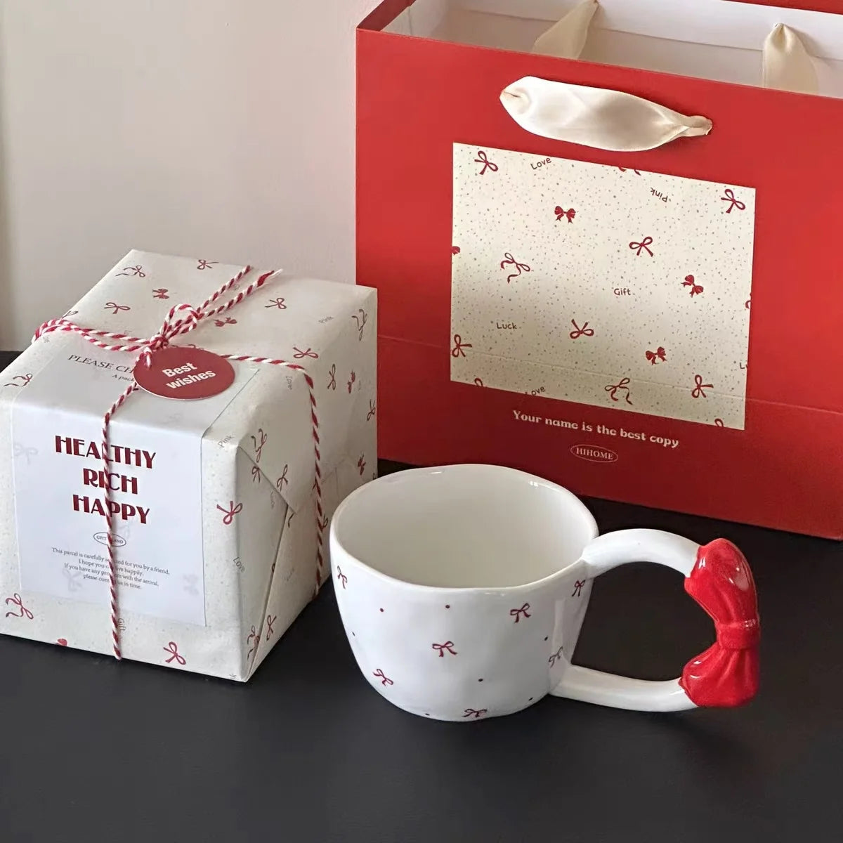 Handmade Pink Bow Ceramic Mug – 350ml Irregular Artistic Coffee Cup, Cute Gift Water Cup for Women