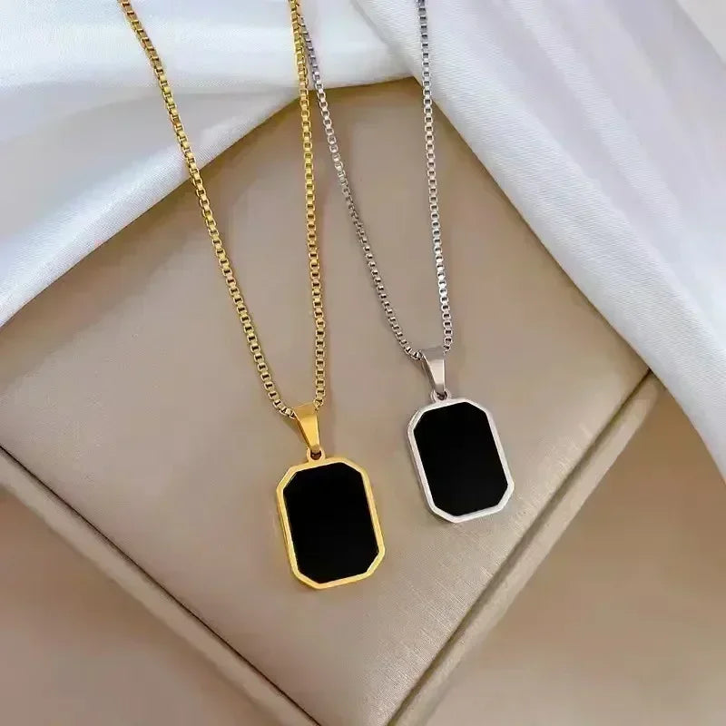 Gold Geometric Square Necklace for Men – Black Enamel Rectangle Pendant Stainless Steel Chain