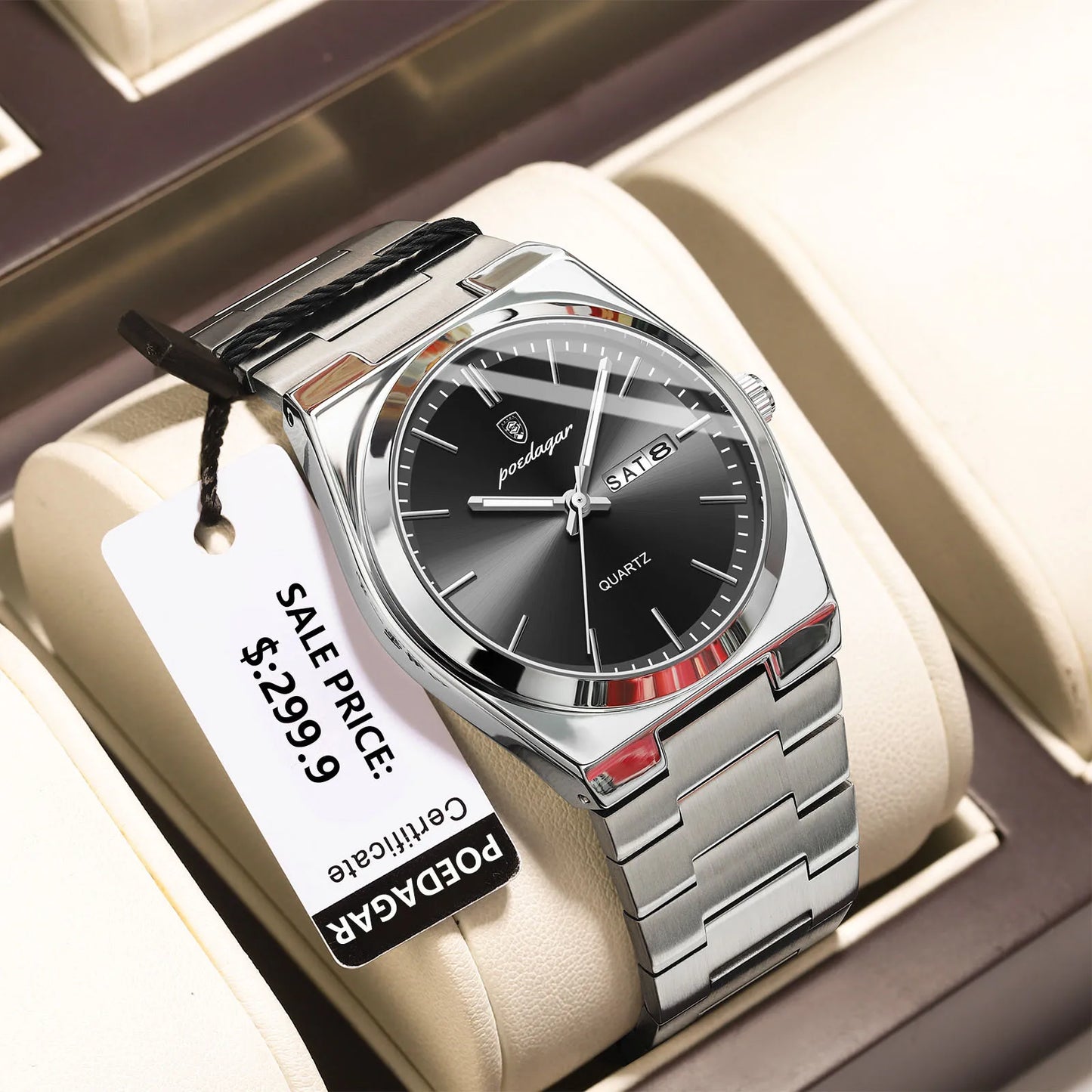 POEDAGAR Luxury Quartz Wristwatch for Men – Waterproof Stainless Steel Sport Watch with Luminous Hands, Date & Week Display, Gift Box Included
