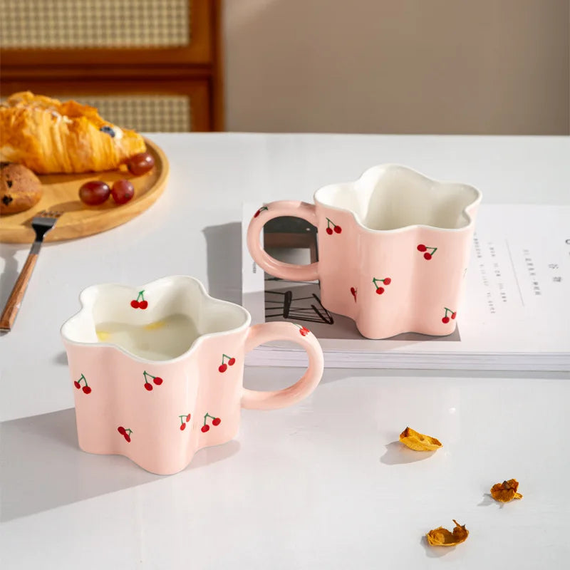 Flower Shape Ceramic Mug with Cartoon Cherry Print, Cute Milk Coffee Cup, Birthday Gift for Girls, Decorative Mug