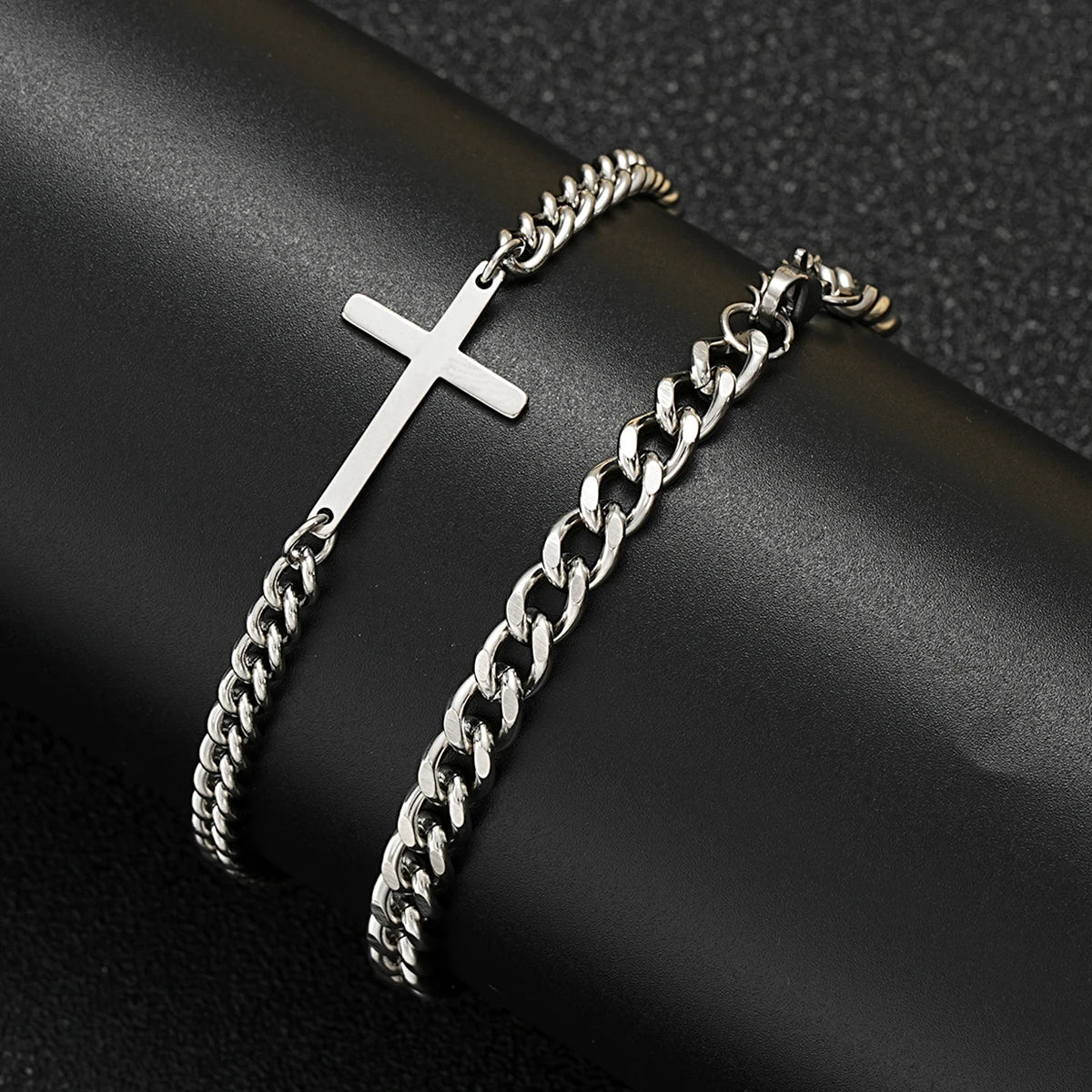 Cross Cuban Snake Chain Bracelet Set for Men - Stainless Steel Hip Hop & Punk Style Jewelry