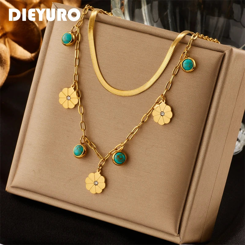 DIEYURO 316L Stainless Steel 2-Layer Necklace – Green Stone Flower Pendant for Women’s Fashion Jewelry