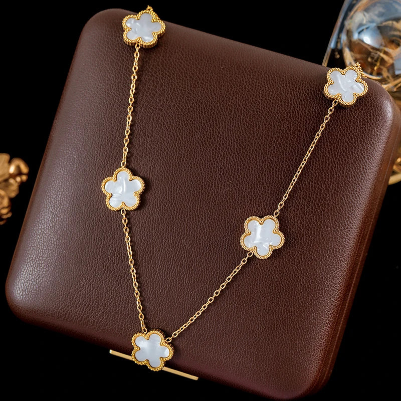 GANEMLY 316L Stainless Steel 4-Color Five-Leaf Clover Jewelry Set – Necklace, Bracelet, and Earrings for Women
